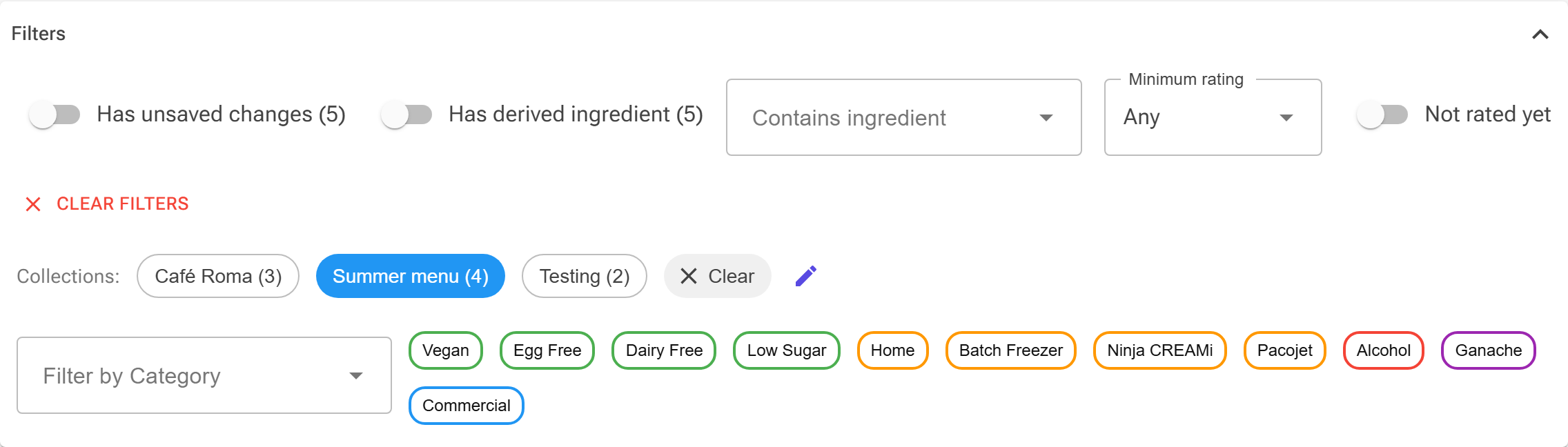 The Recipes page filters with the Summer menu collection selected